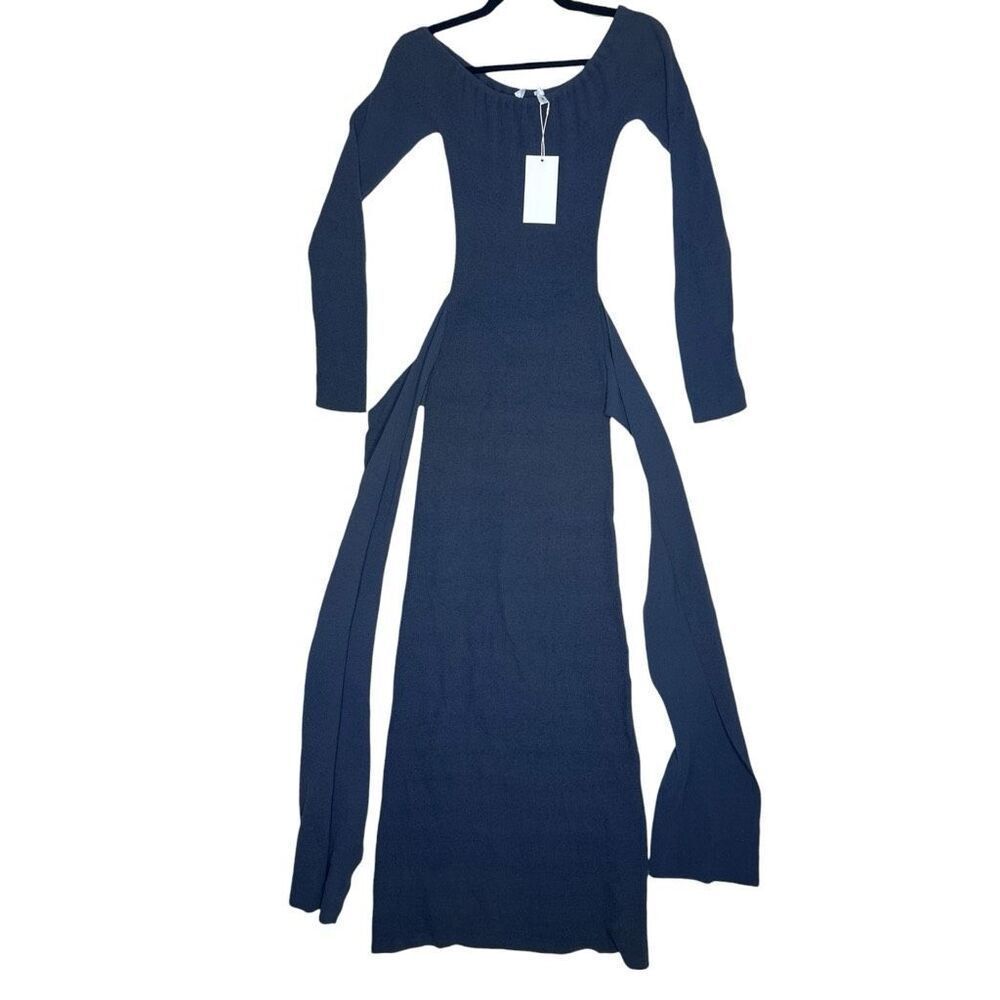 NEW Aya Muse Black Knit Maxi Dress Small Long Sleeve Tie Waist Minimalist
